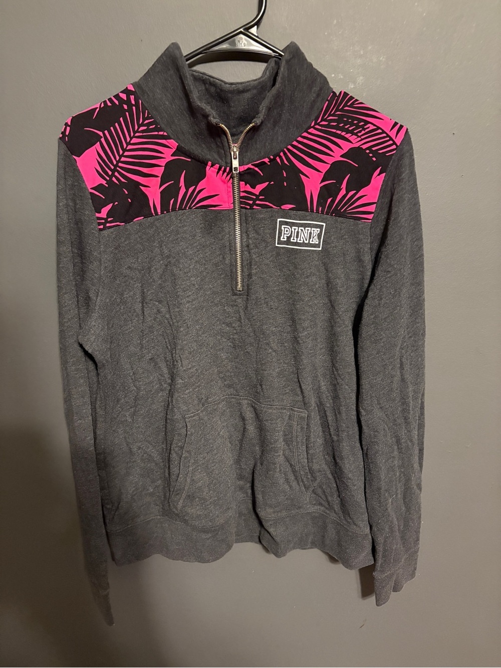PINK Victoria's Secret Charcoal Half-Zip Pullover with Hot Pink Leaf Yoke